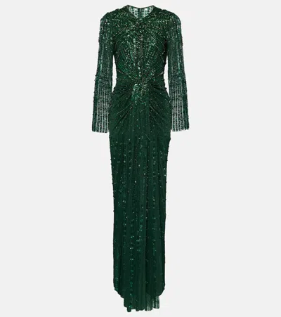 Jenny Packham Rhinestone-embellished Gathered Gown In 绿色