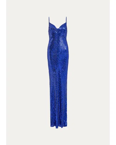 Jenny Packham Ariel Sleeveless Cowl-neck Sequined Gown In Blue