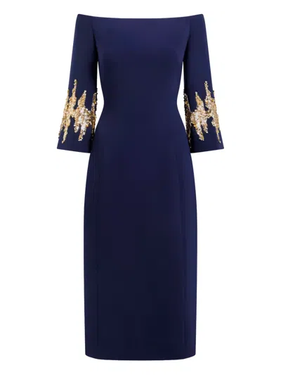Jenny Packham Aster Sequin-embellished Off-shoulder Midi Dress In Blue