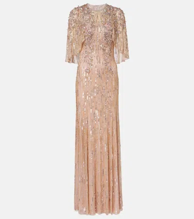 Jenny Packham Astra Sequined Caped Gown
