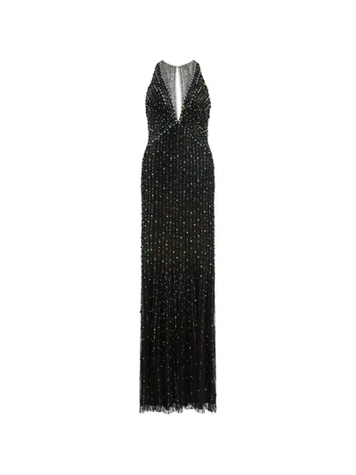 Jenny Packham Atlas Embellished Cut-out Satin Gown In Black