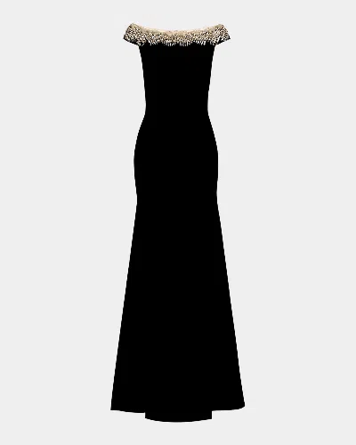 Jenny Packham Azalea Crystal Off-the-shoulder Gown In Liquorice