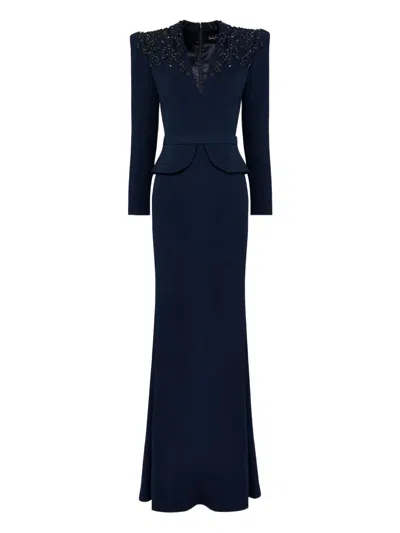 Jenny Packham Beaded Peplum Maxi Dress In Blue