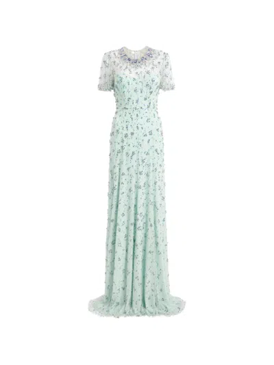 Jenny Packham Beaded Short Sleeve Maxi Dress In Blue