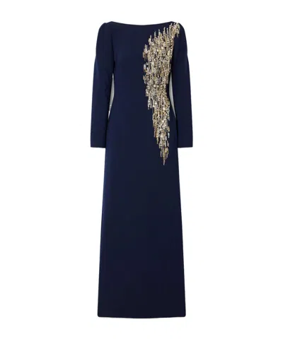 Jenny Packham Avana Crystal And Bead-embellished Crepe Gown In Blue