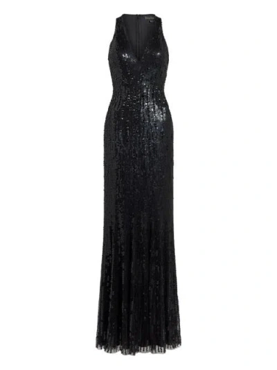 Jenny Packham Black Flower Sequined V-neck Maxi Dress