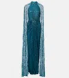 Jenny Packham Cairo Sequined Caped Gown In Blue