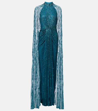 Jenny Packham Cairo Sequined Caped Gown In Blue