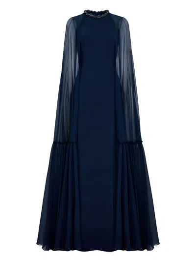 Jenny Packham Cape-design Maxi Dress In Blue
