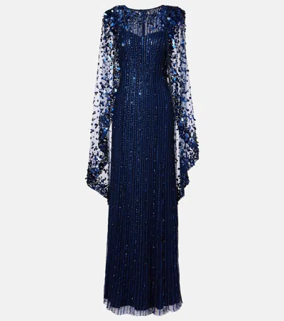 Jenny Packham Caped Embellished Gown In Blue