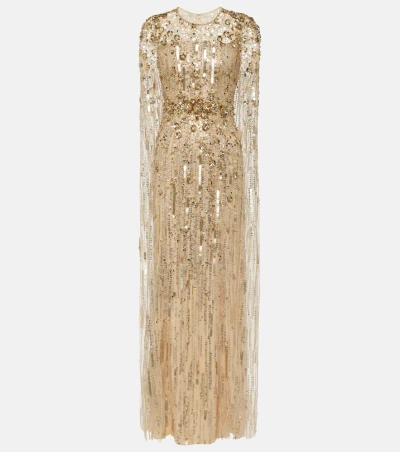 Jenny Packham Caped Sequined Gown In Gold