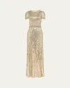 Jenny Packham Celeste Short-sleeve Crystal Sequined Gown In Pebble
