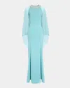 Jenny Packham Charma Crystal-neck Flare-sleeve Gown In Blue Horizon