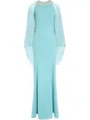 Jenny Packham Charma Crystal-neck Flare-sleeve Gown In Blue
