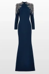 Jenny Packham Cobra Embellished-shoulders Mock-neck Maxi Dress In Blue