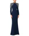 Jenny Packham Cobra Embellished-shoulders Mock-neck Maxi Dress In Blue