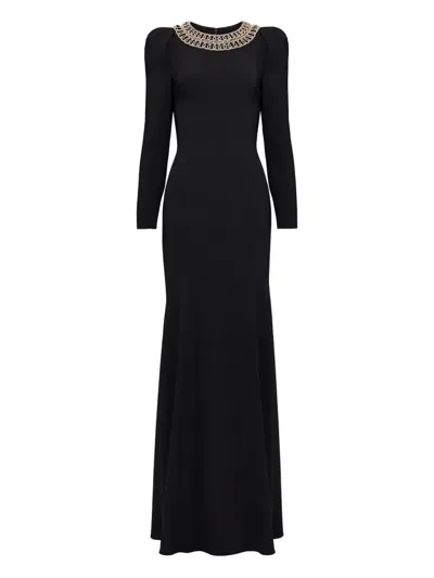 Jenny Packham Collar-embellished Puff-shoulders Maxi Dress In Black