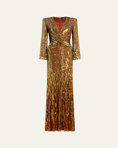 Jenny Packham Cosmos Long-sleeve V-neck Sequin Gown In Brown