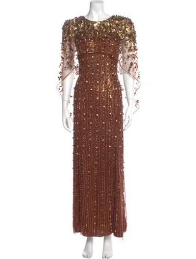 Pre-owned Jenny Packham Crew Neck Long Dress In Brown