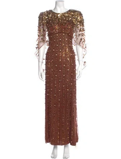 Pre-owned Jenny Packham Crew Neck Long Dress In Brown