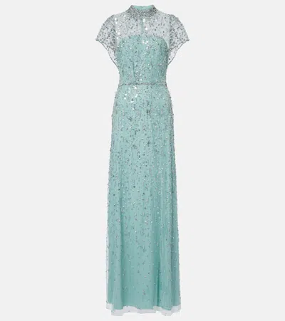 Jenny Packham Crystal Drop Beaded Gown In Blue
