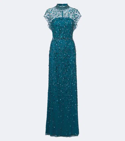 Jenny Packham Crystal Drop Embellished Gown In Blue