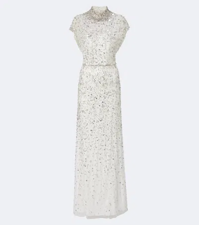 Jenny Packham Crystal Drop Embellished Gown In White