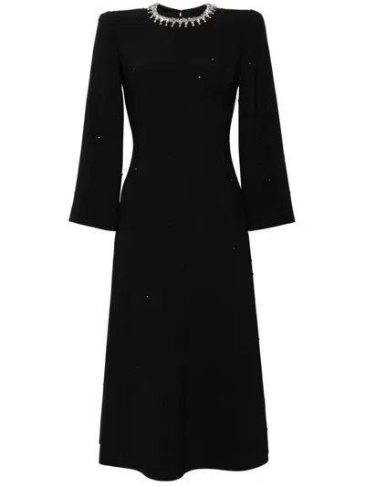 Jenny Packham Crystal-embellished Long-sleeve Midi Dress In Black