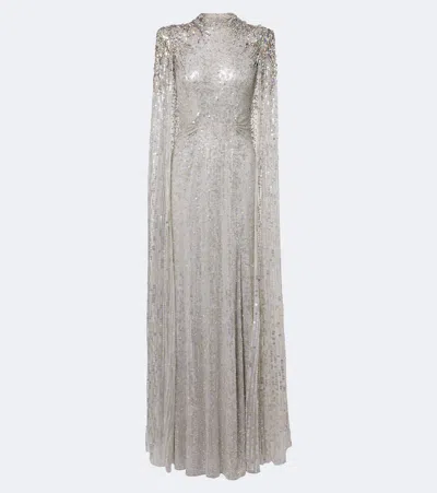 Jenny Packham Dakota Embellished Caped Gown In Silver