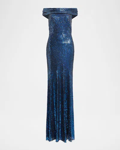 Jenny Packham Echo Off-shoulder Sequined Gown In Blue