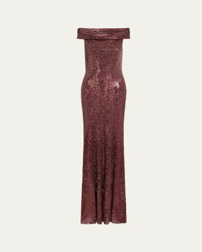Jenny Packham Echo Off-shoulder Sequined Gown In Burgundy
