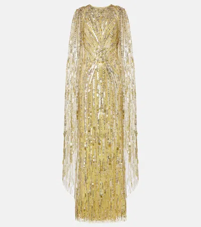 Jenny Packham Elio Embellished Caped Gown In Yellow