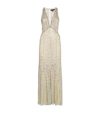 Jenny Packham Embellished Atlas Gown In Gray