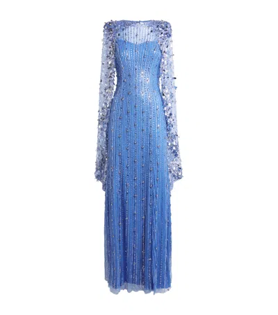 Jenny Packham Embellished Blaize Cape Gown In Blue