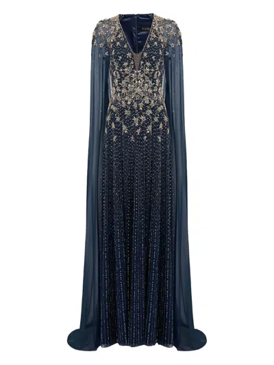 Jenny Packham Embellished Cape Maxi Dress In Blue