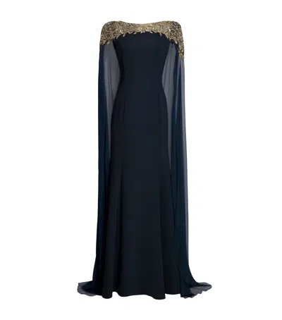 Jenny Packham Embellished Cape-overlay Oka Gown In Navy