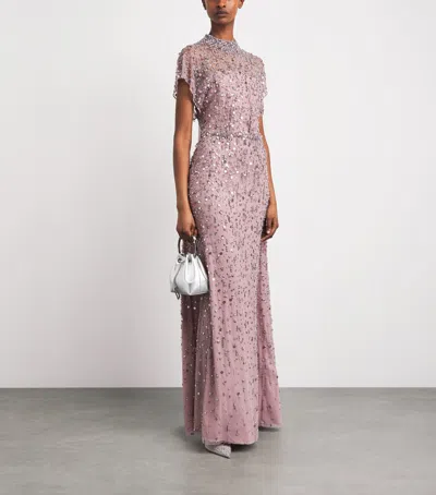 Jenny Packham Embellished Crystal Drop Gown In Pink