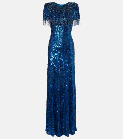 Jenny Packham Embellished Fringed Gown In Blue