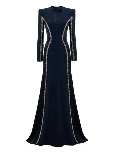Jenny Packham Embellished Long-sleeve Maxi Dress In Blue