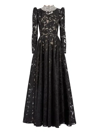 Jenny Packham Embellished-neck Puff-sleeve Maxi Dress In Black