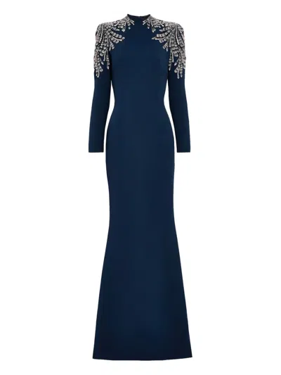 Jenny Packham Embellished-shoulders Mock-neck Maxi Dress In Blue