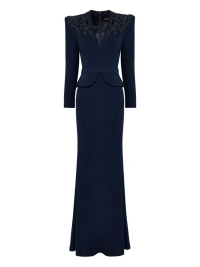 Jenny Packham Embellished-shoulders V-neck Maxi Dress In Blue