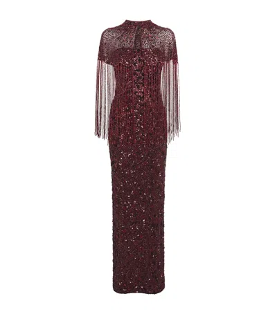 Jenny Packham Embellished Sirocco Gown And Cape In Burgundy