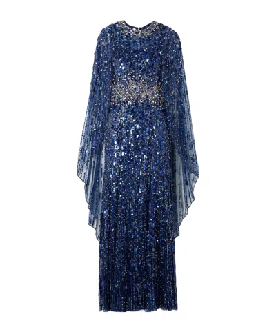Jenny Packham Honey Dew Cape-effect Embellished Tulle Gown In Blue