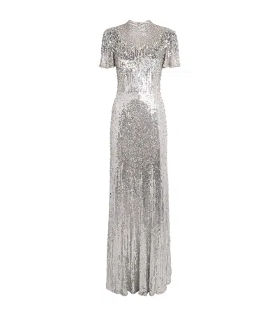 Jenny Packham Embellished Viola Gown In Silver