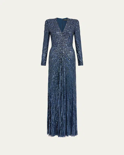 Jenny Packham Eve Embellished Strong-shoulder Long-sleeve Gown In Blue