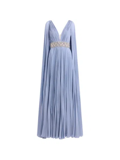 Jenny Packham Fesco Embellished-waist Pleated Maxi Dress In Blue