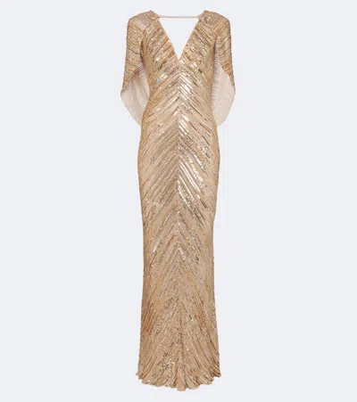Jenny Packham Fiore Sequined Caped Gown In Neutral
