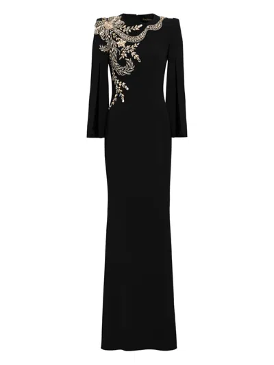Jenny Packham Floral-embellished Slit-sleeve Maxi Dress In Black