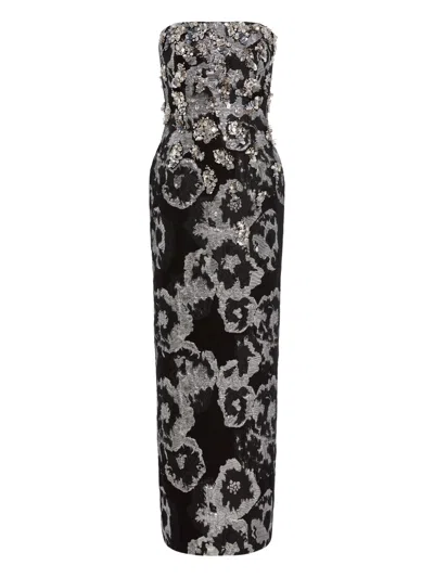 Jenny Packham Floral-jacquard Maxi Dress In Black